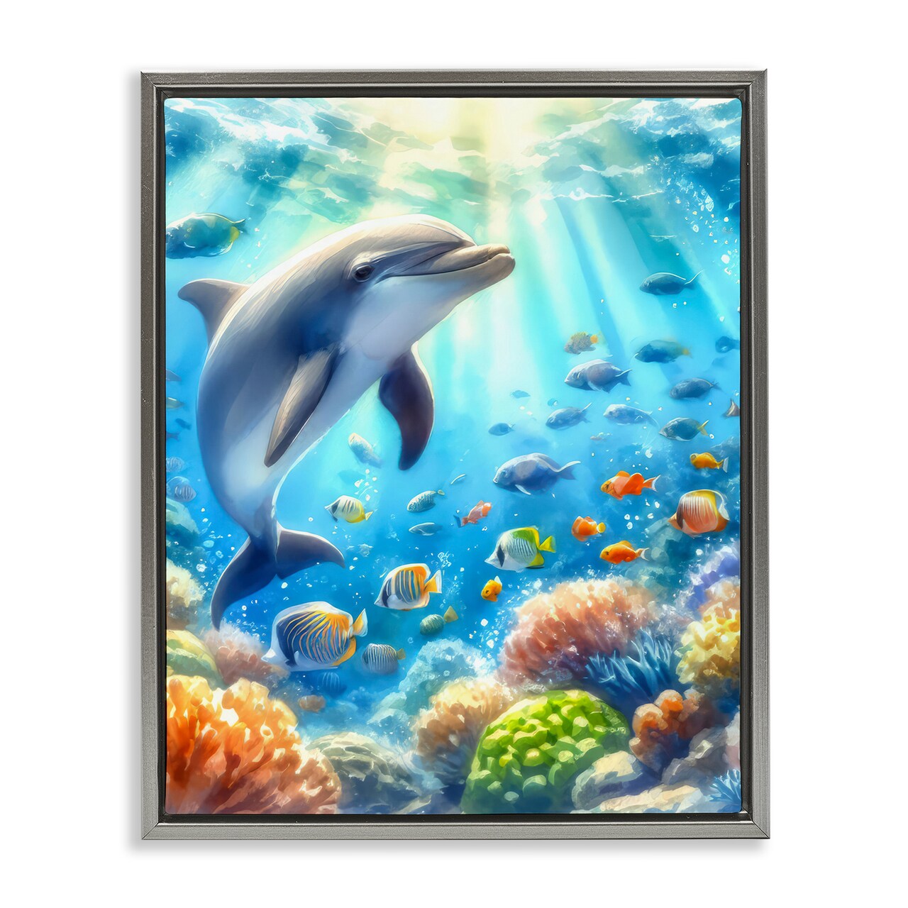 Stupell Industries Smiling Dolphin Under Sea Floater Framed Canvas Wall Art Design by LSR Design Studio